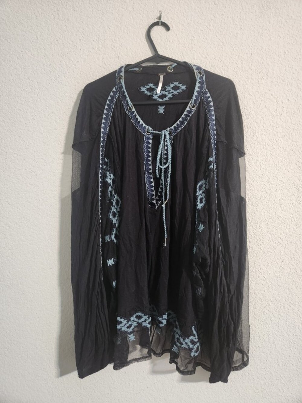 Free People Eden Black Sheer Embroidered Boho Top size large